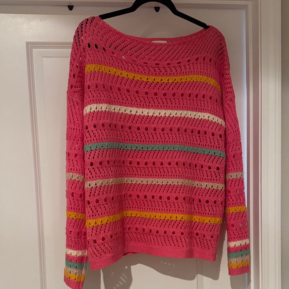 BiBi Pink Open-Knit Off-the-Shoulder Sweater with Multicolor Stripes